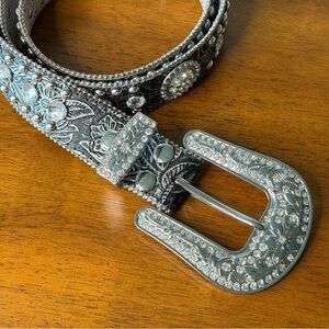 Vintage Y2K Cowgirl Rhinestone Studded Belt Buckle Rodeo Black Tooled Leather